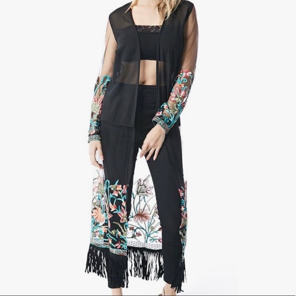 Boho Sheer Multicolored Floral Embroidered Fringe Duster - Picture 3 of 17